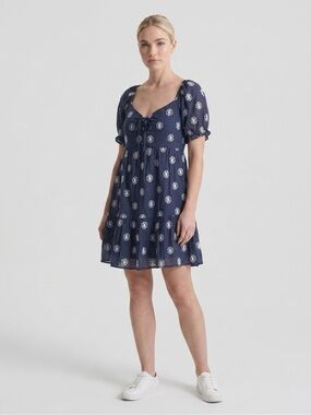 miami Navy Blue Puff Sleeve Embroidered Tunic